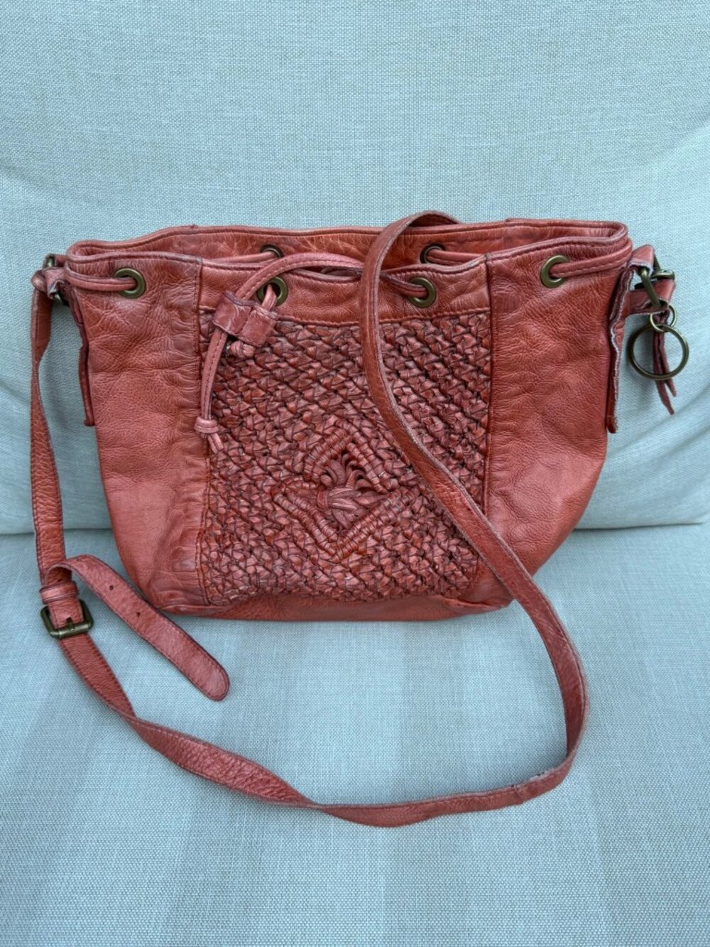 Frye and Co Esme Bucket Bag Woven Leather Drawstring Crossbody Paprika